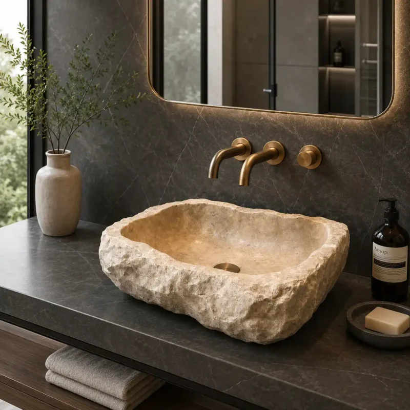 Natural Limestone Boulder Vessel Basin
