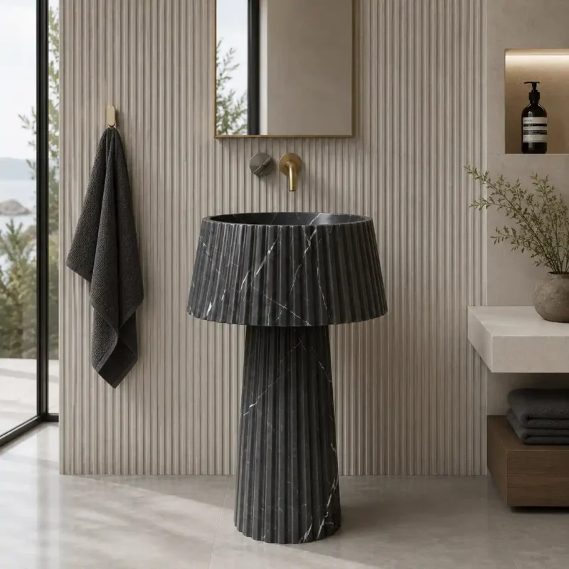 Pleated Marquina Marble Pedestal Basin