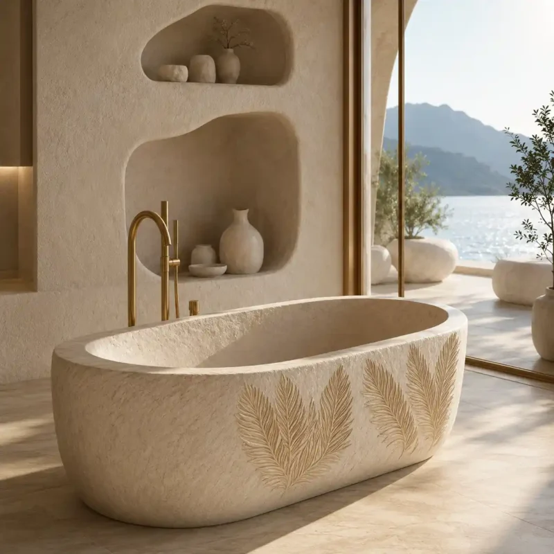 Leaf Carved Limestone Freestanding Bathtub