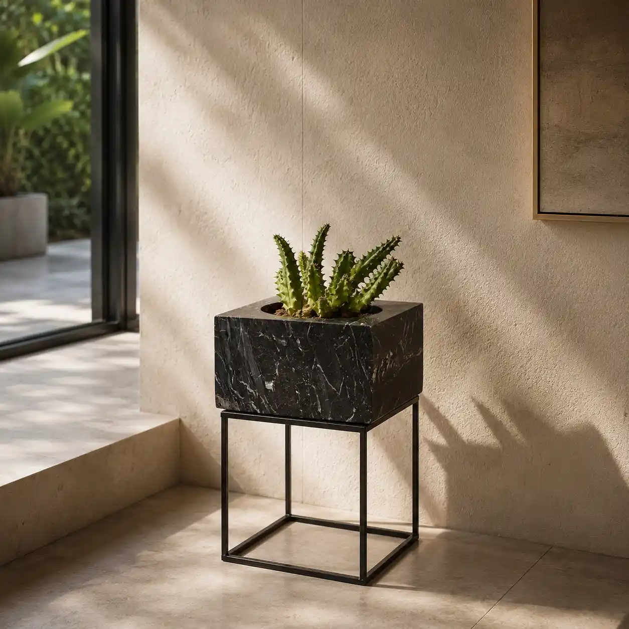 Nero Marble Cube Planter with Stand