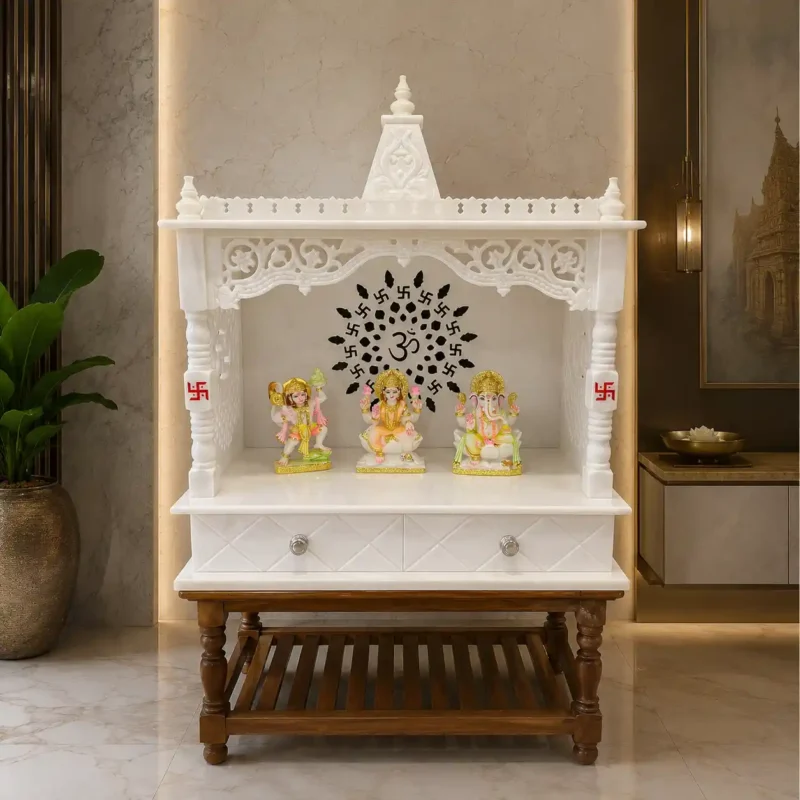 Om Shree Vietnam White Marble Mandir with Wooden Base