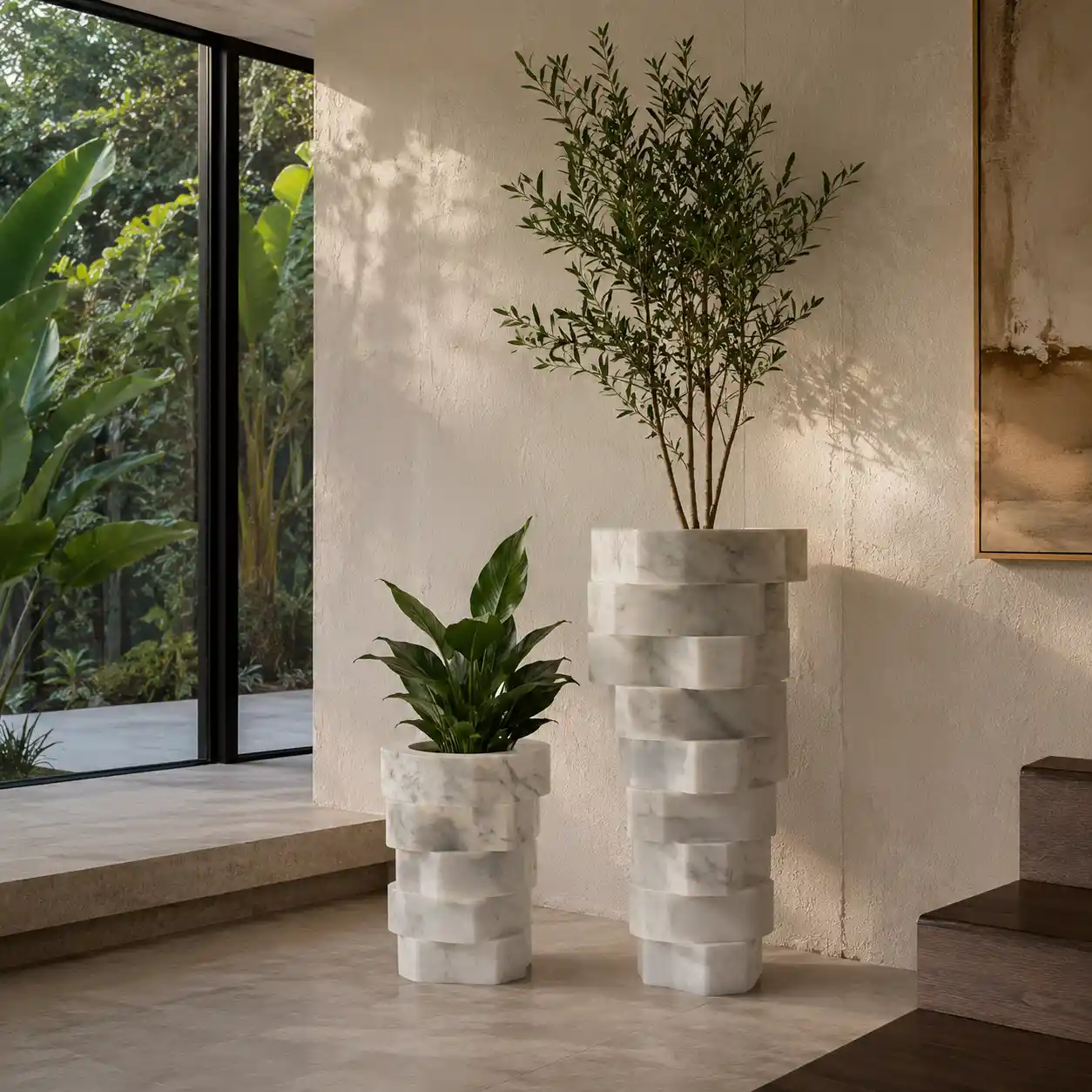 Sculpted Marble Column Planter Set