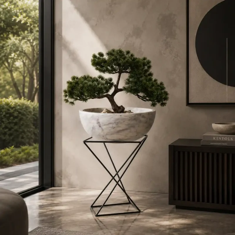 Aurora Marble Bonsai Planter with Metal Stand