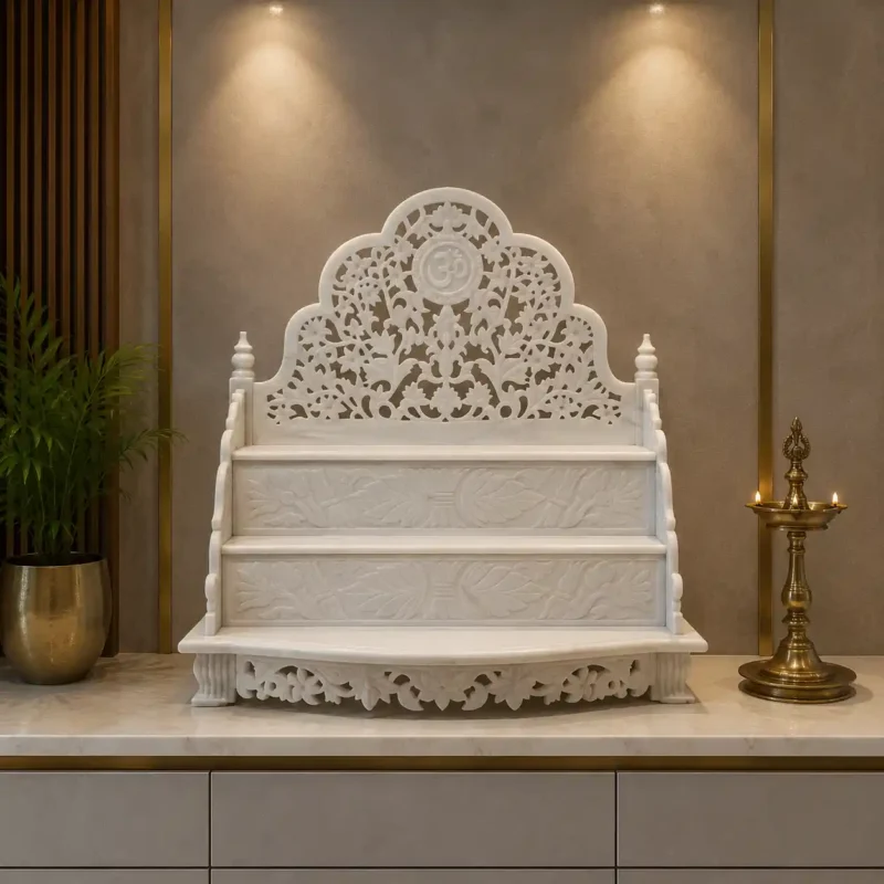 Om Jaali Vietnam White Marble Chowki