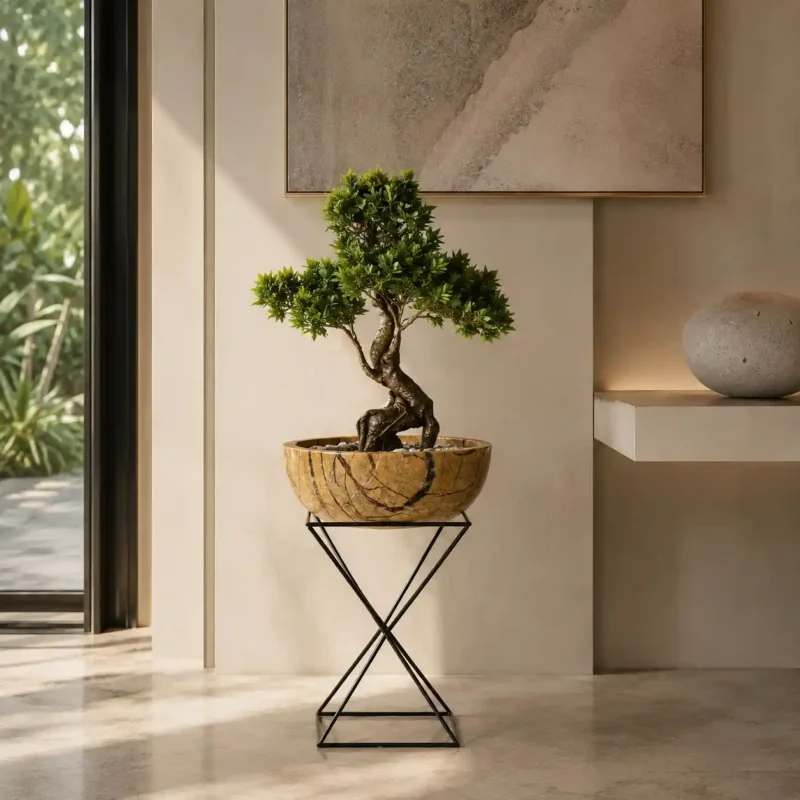 Golden Marble Bonsai Planter with Metal Stand