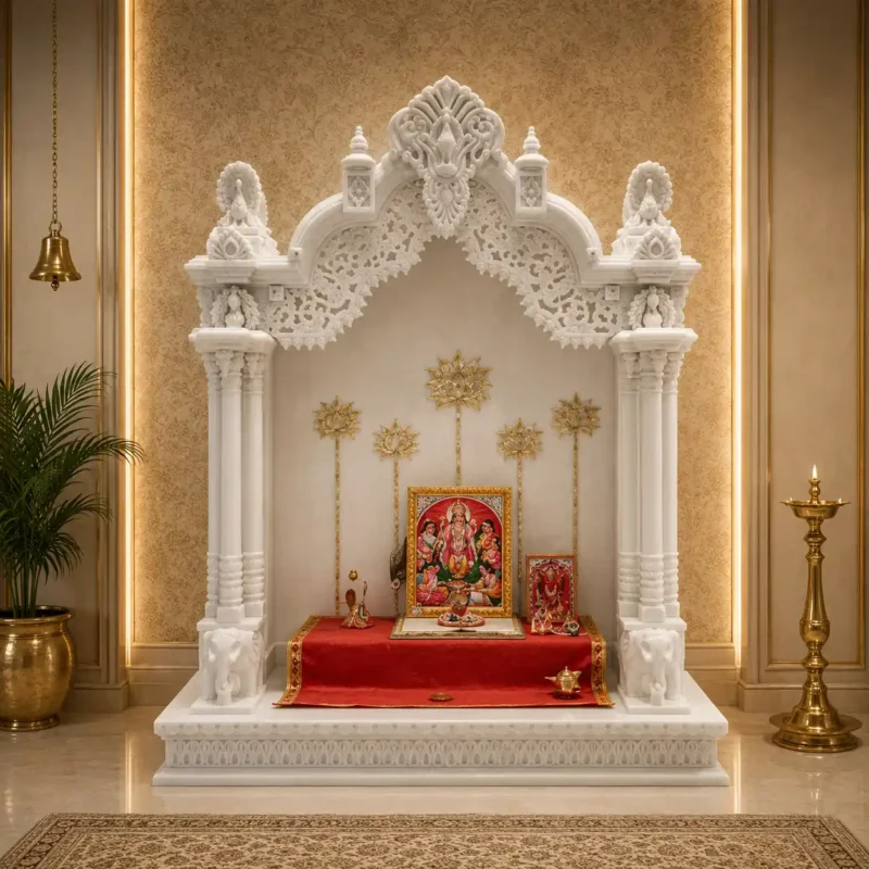 Divine Arch Vietnam White Marble Mandir with Brass Inlay