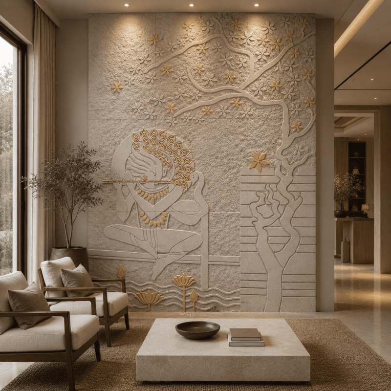 Divine Krishna CNC Carved Marble Wall Panel