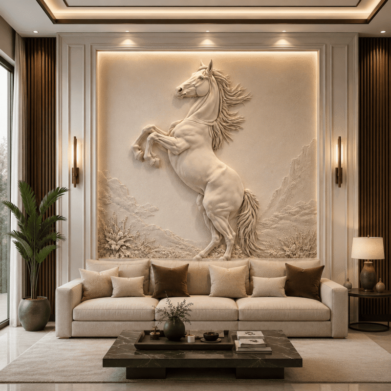 Majestic Horse CNC Carved Marble Wall Panel