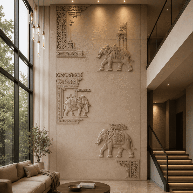 Royal Elephant CNC Carved Marble Wall Panel