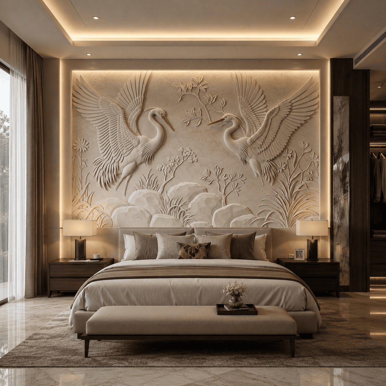 Majestic Crane Marble Wall Panel