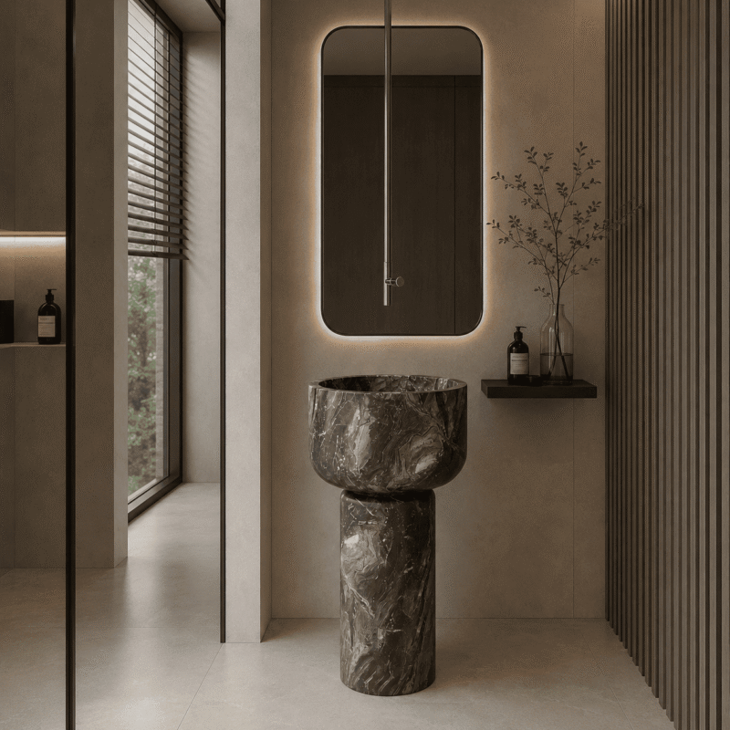 Noir Marble Column Pedestal Basin