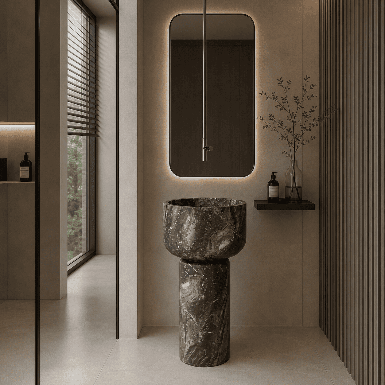 Noir Marble Column Pedestal Basin