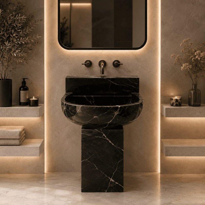 Noir Crescent Marble Pedestal Basin