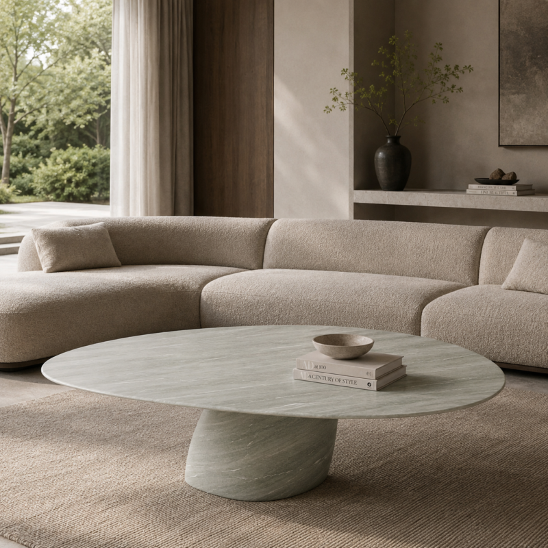 Sculpted Travertine Oval Coffee Table