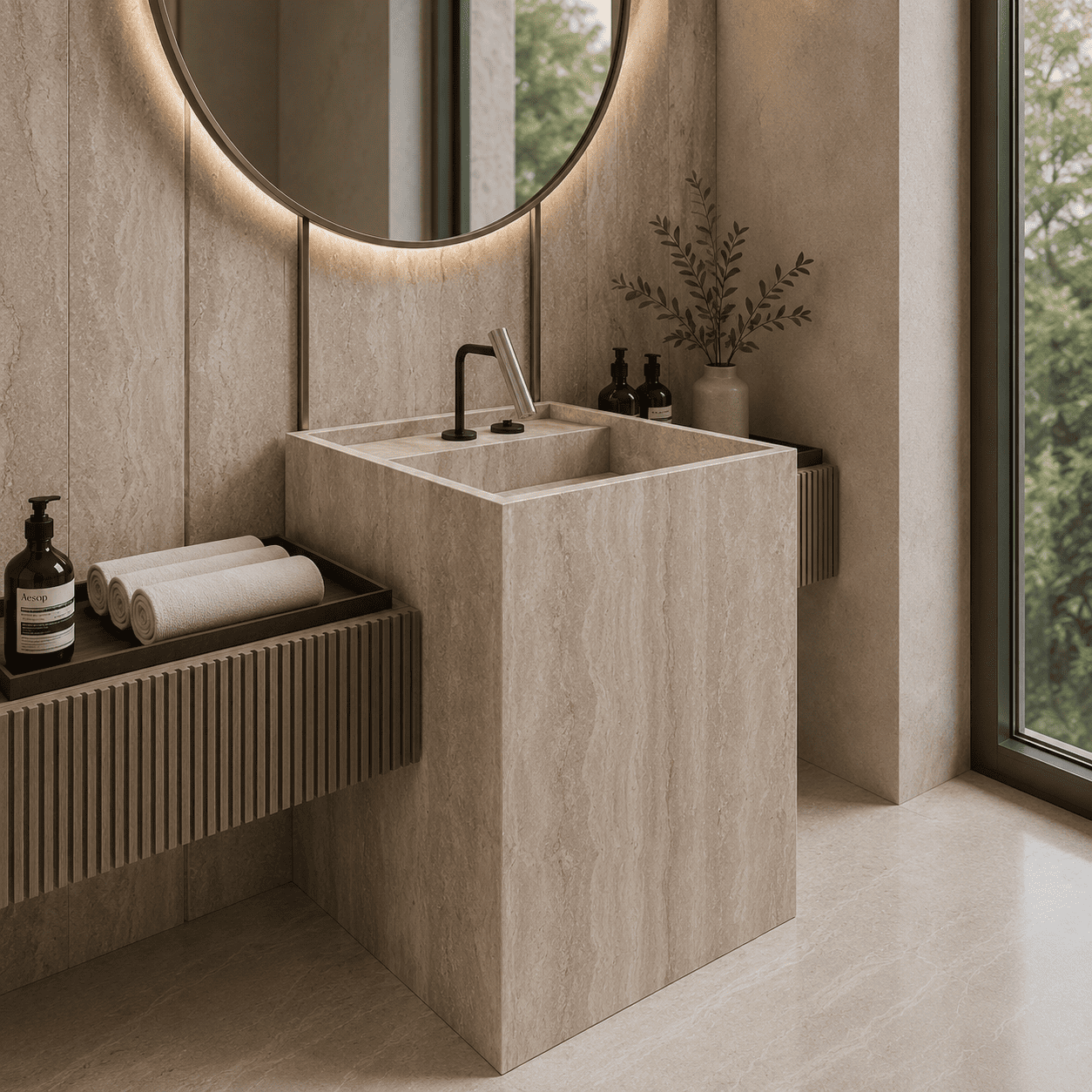 Travertine Cube Pedestal Vanity