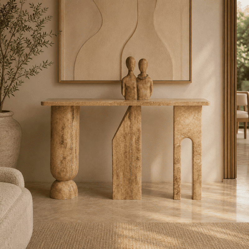 Trio Form Travertine Console Table