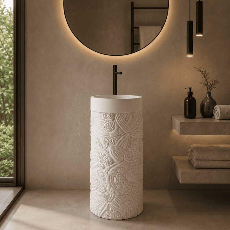 Botanical Carved White Marble Pedestal Basin