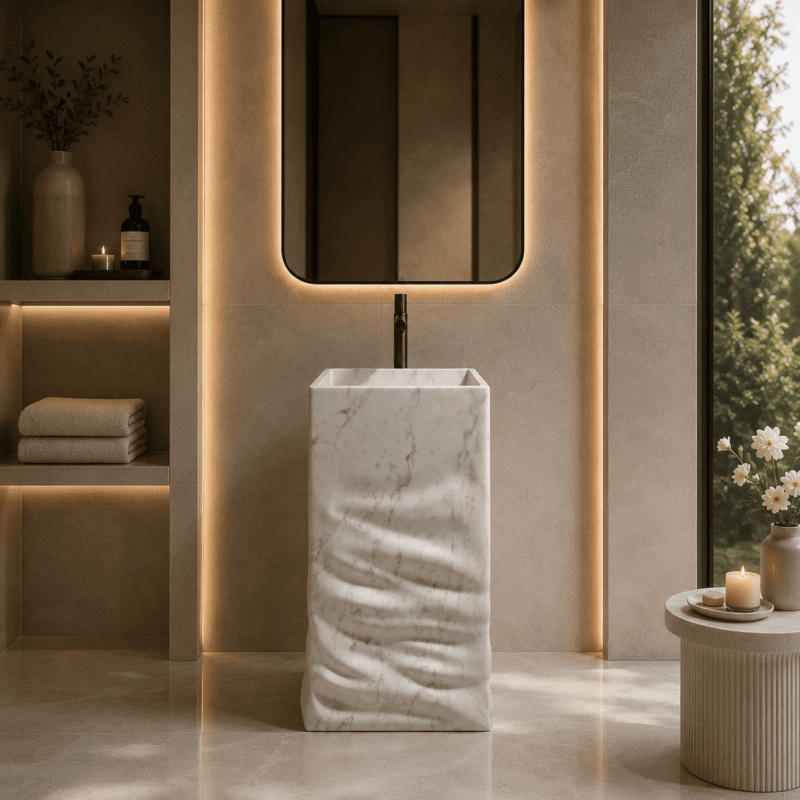 Fluted White Marble Pedestal Basin