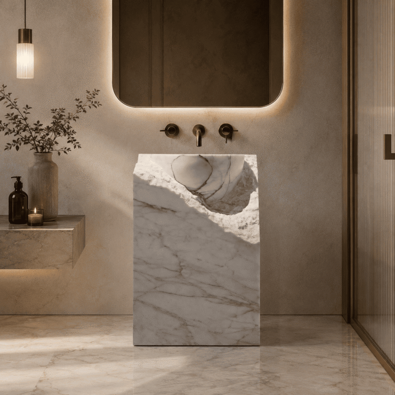 Raw Edge White Marble Pedestal Basin